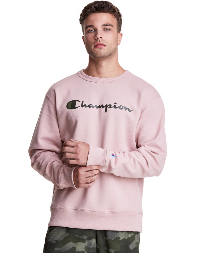 Champion Powerblend Fleece Crew Script Logo - Miesten Pinkki Collegepaita - Suomi 6507129-LC